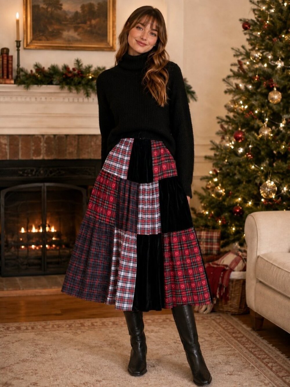 Vtg 90s Patchwork Velvet Flannel Tiered Full Midi Holiday Skirt Hearts